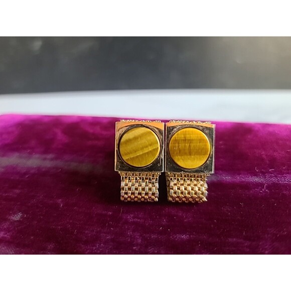 Tiger's Eye Gold Tone Mesh Metal Cufflinks Vintage 1970's - Picture 3 of 10